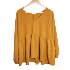 Entro Mustard Gold V-Neck Peplum Babydoll Long Sleeve Women's Blouse